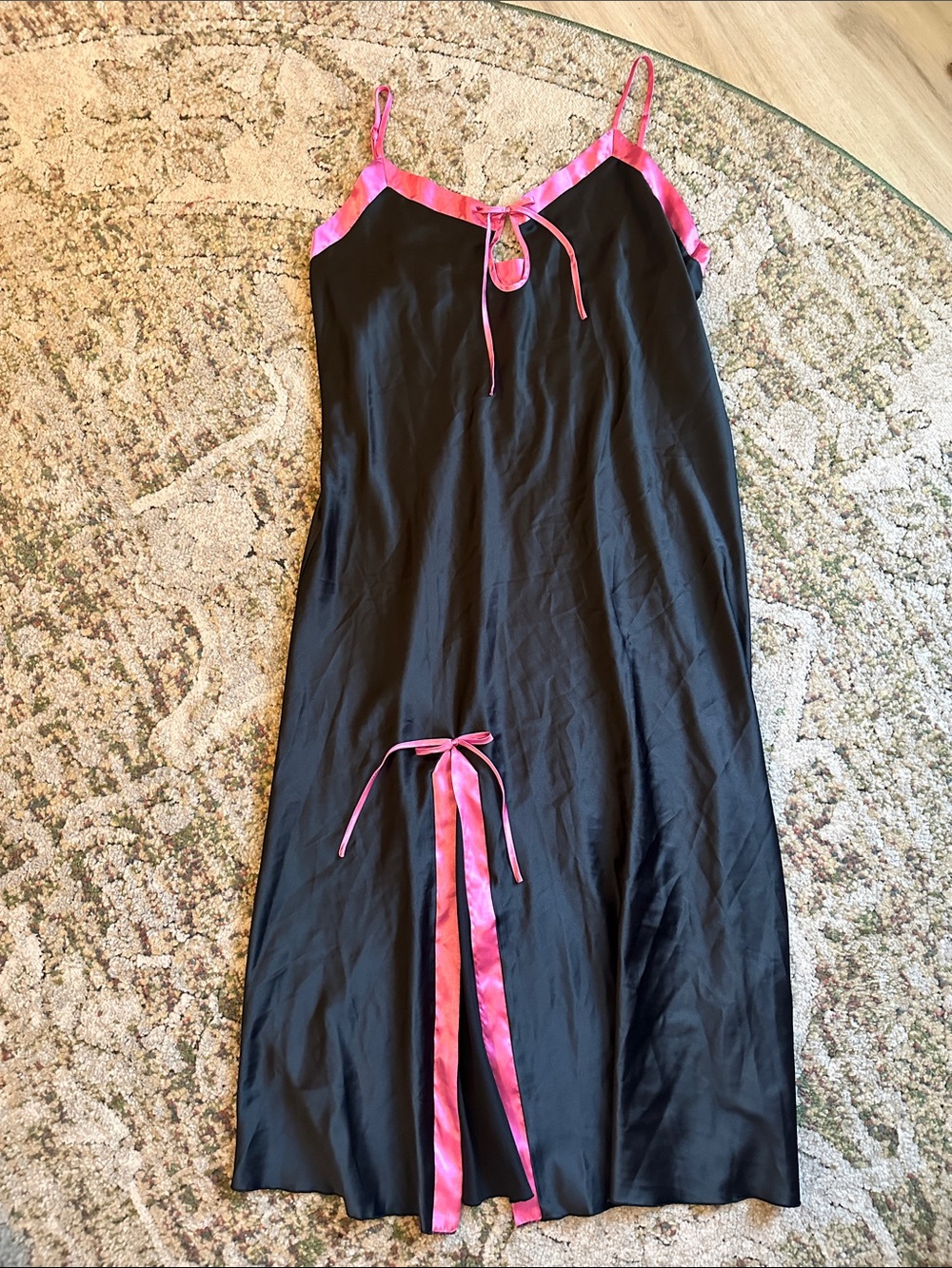 Black Satin Slip Dress with Pink Trim
